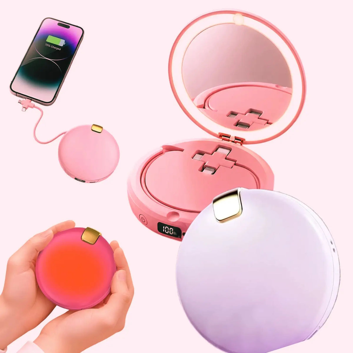MIROIR LED 3 EN 1   مرآة 3 في 1: مرآة تجميل، بطارية و دفاية لليدين